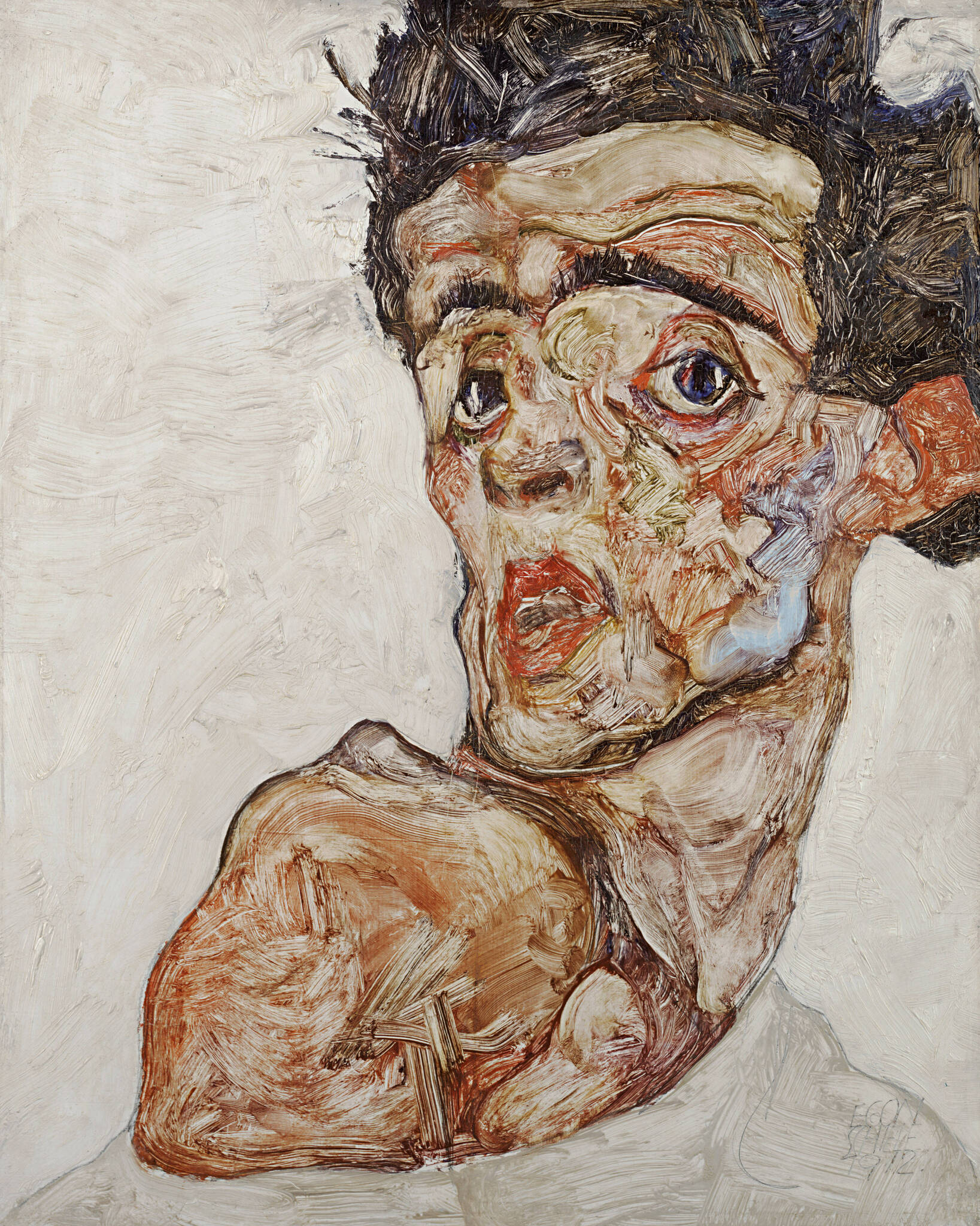 Egon Schiele – Autoportret s podignutim golim ramenom