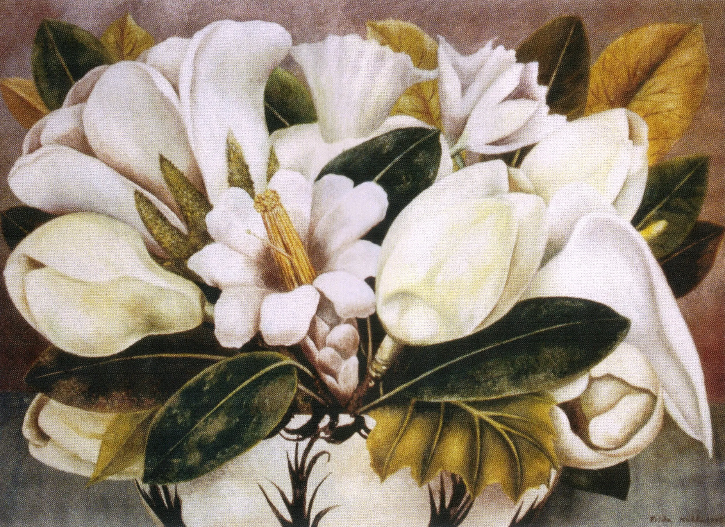 Frida Kahlo – Magnóliák – az 1945-ös eredeti egy mexikóvárosi magángyűjteményben – olaj, farostlemez