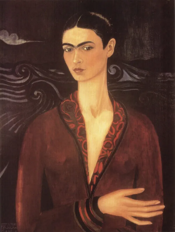 Frida Kahlo – Önportré bársonyruhában – az 1926-os eredeti egy mexikóvárosi magángyűjteményben – olaj, vászon