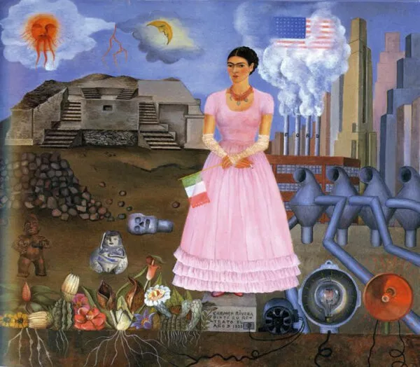 Frida Kahlo – Self-Portrait on the Border of Mexico and the United States – the original of 1932 in a private collection in New York – oil on metal