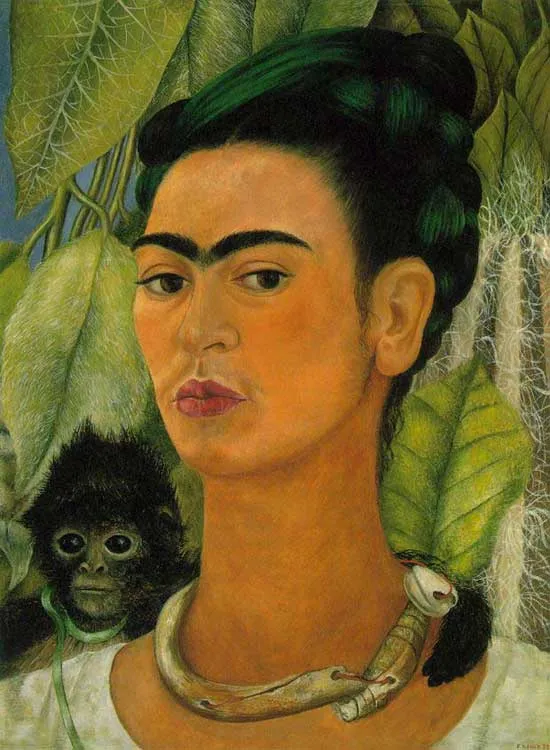 Frida Kahlo – Self-Portrait with Monkey (1938) – the original in the Albright–Knox Art Gallery, Buffalo – oil on masonite