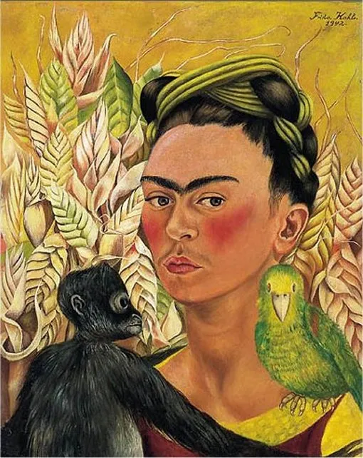 Frida Kahlo – Self-Portrait with Monkey and Parrot – the original at MALBA, Buenos Aires – oil on masonite