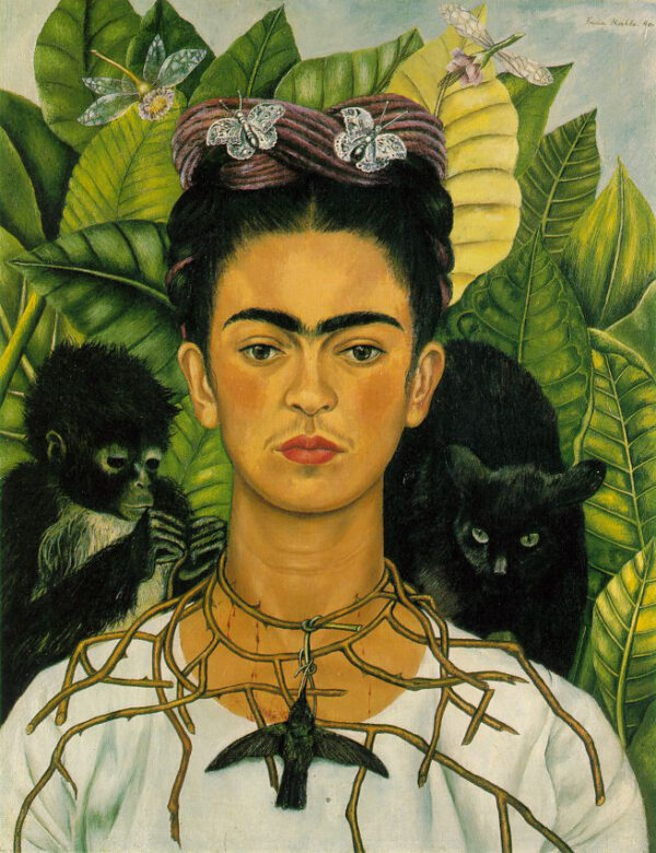 Frida Kahlo – Selbstporträt mit Dornenhalsband und Kolibri – das Original von 1940 im Harry Ransom Center, Austin – Öl auf Leinwand