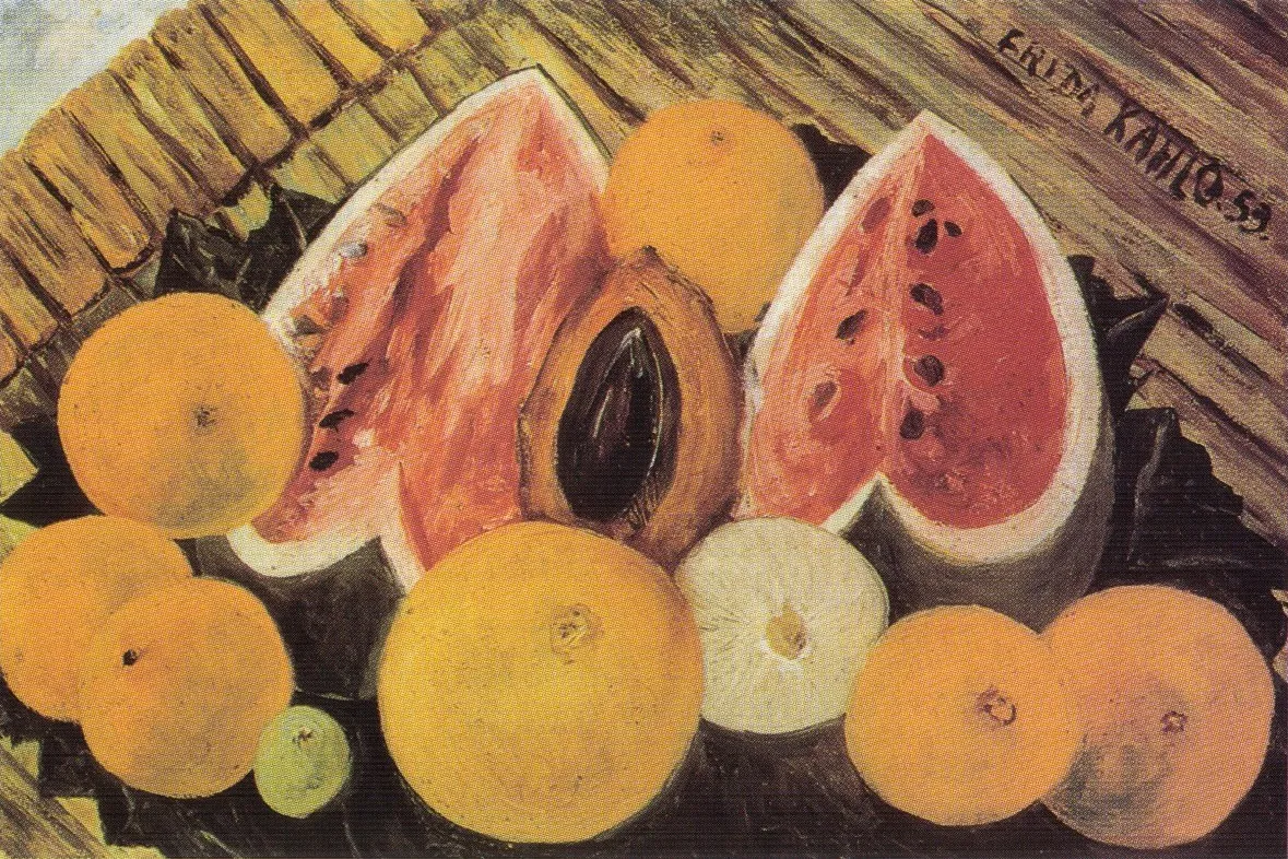 Frida Kahlo – Stillleben mit Wassermelonen – das Original von 1953 im Museo de Arte Moderno, Mexiko-Stadt – Öl auf Pressholz