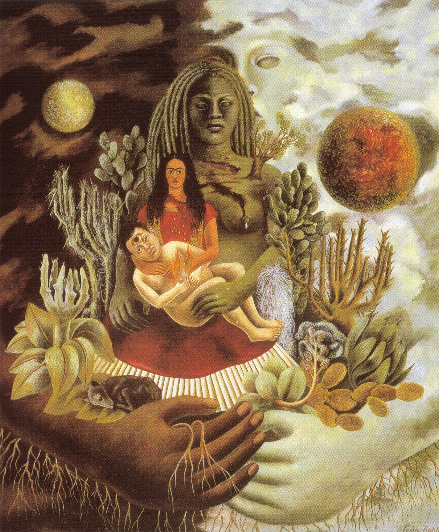 Frida Kahlo – The Love Embrace of the Universe, the Earth (Mexico), Myself, Diego, and Señor Xolotl – the original of 1949 – oil on masonite