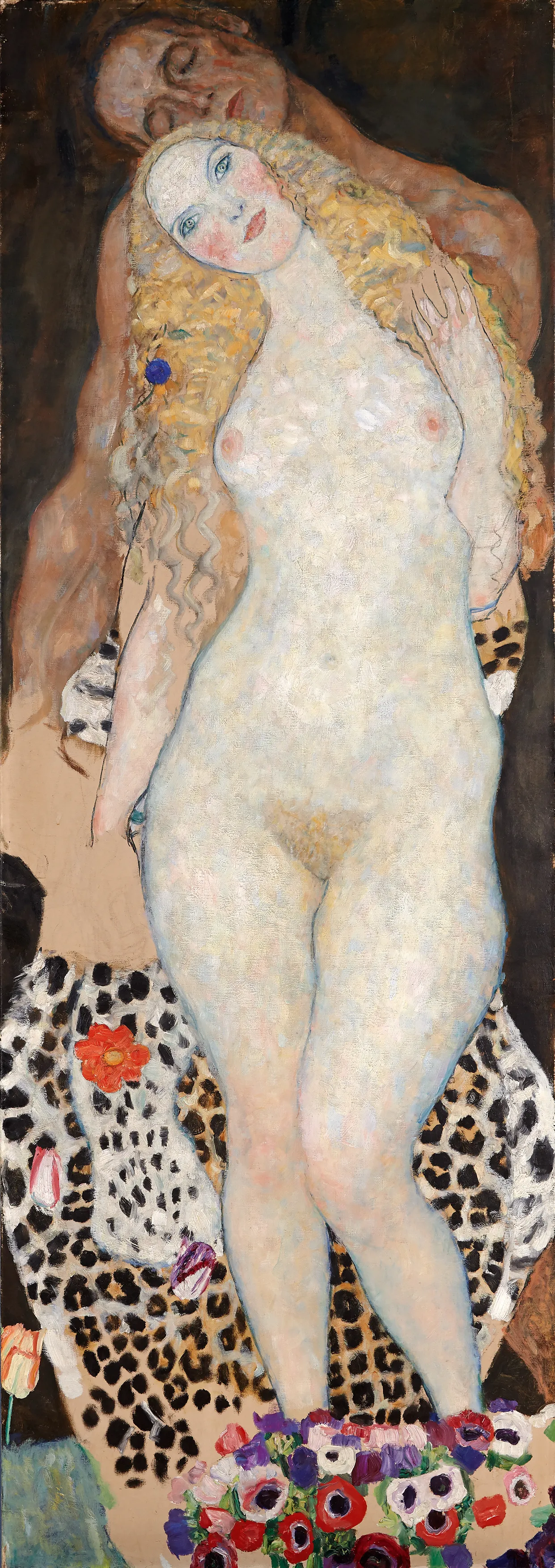 Gustav Klimt – Adam und Eva – das Original, eine helle nackte Eva mit goldenem Haar, hinter ihr Adam mit geschlossenen Augen, zu ihren Füßen Leopardenfell und Anemonen – Öl auf Leinwand, unvollendet