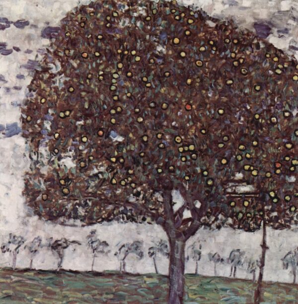 Gustav Klimt – Jablana II – velika jablana s temno krošnjo, polno rumeno-zelenih in oranžnih jabolk, pod sivo-vijoličnim nebom – olje na platnu