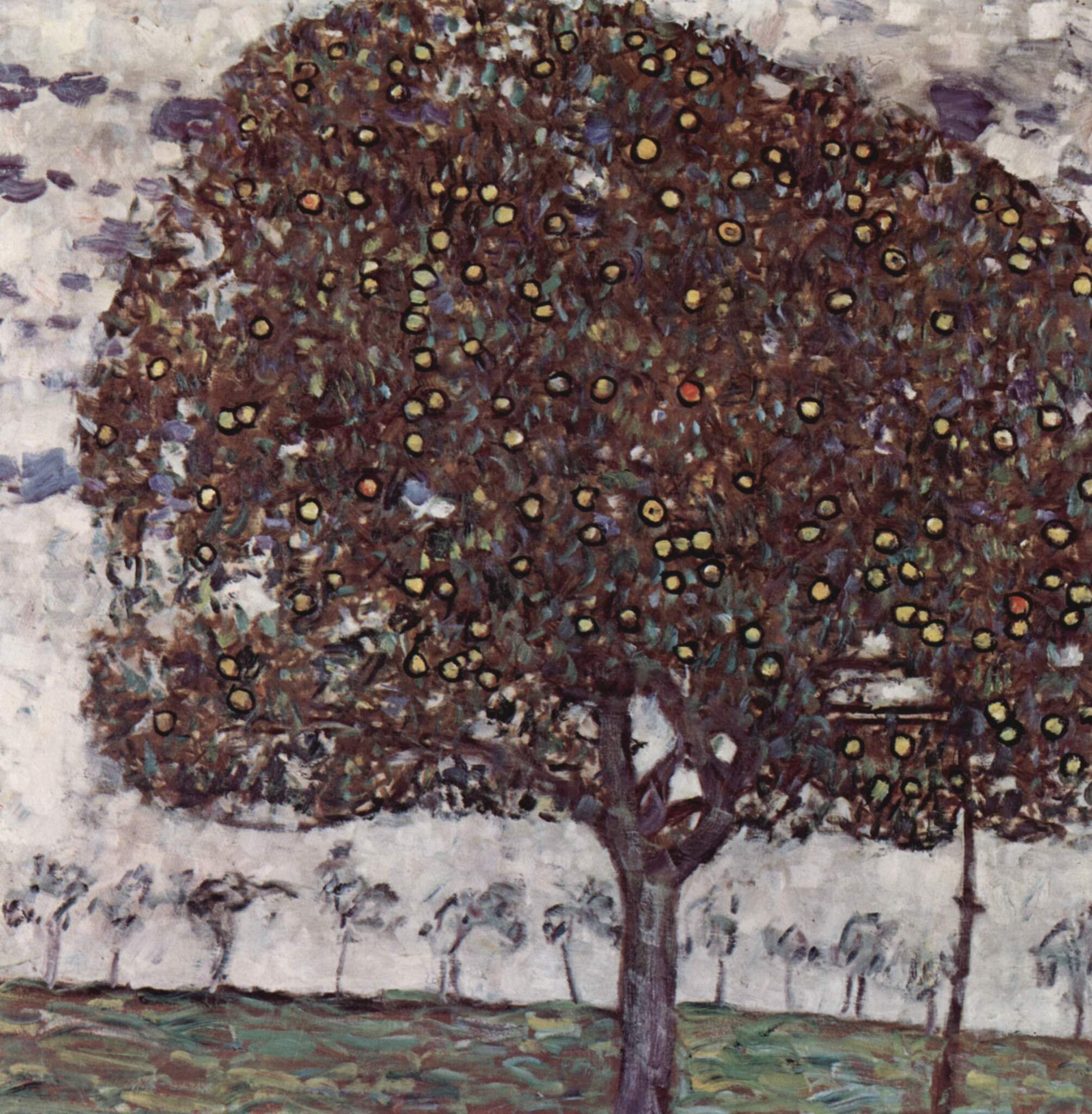 Gustav Klimt – Melo II – un grande melo dalla chioma scura piena di mele giallo-verdi e arancioni sotto un cielo grigio-violetto – olio su tela