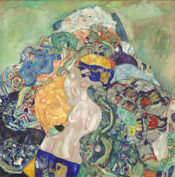 Gustav Klimt – Dojenček (Zibelka) – izvirnik v National Gallery of Art, glavica dojenčka na gori pisanih odej – olje na platnu