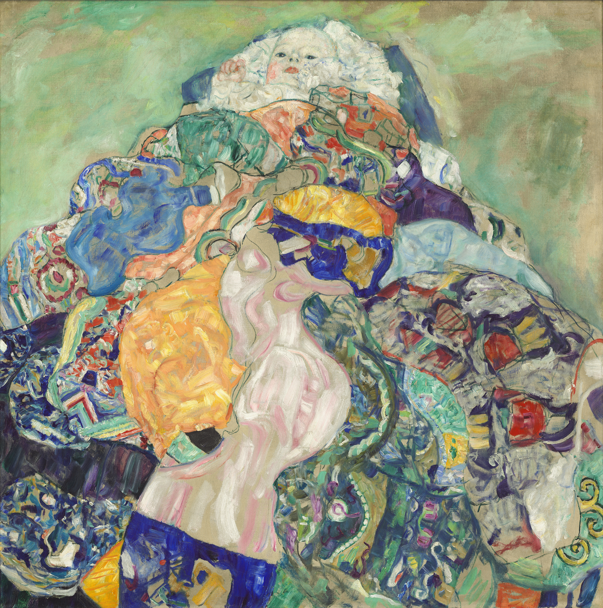 Gustav Klimt – La culla – l’originale alla National Gallery of Art, testa di neonato su una montagna di coperte colorate – olio su tela