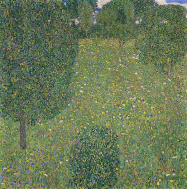 Gustav Klimt – Cvetoči travnik – poletni travnik, poln drobnih cvetov, s sadnimi drevesi in pasom neba – olje na platnu