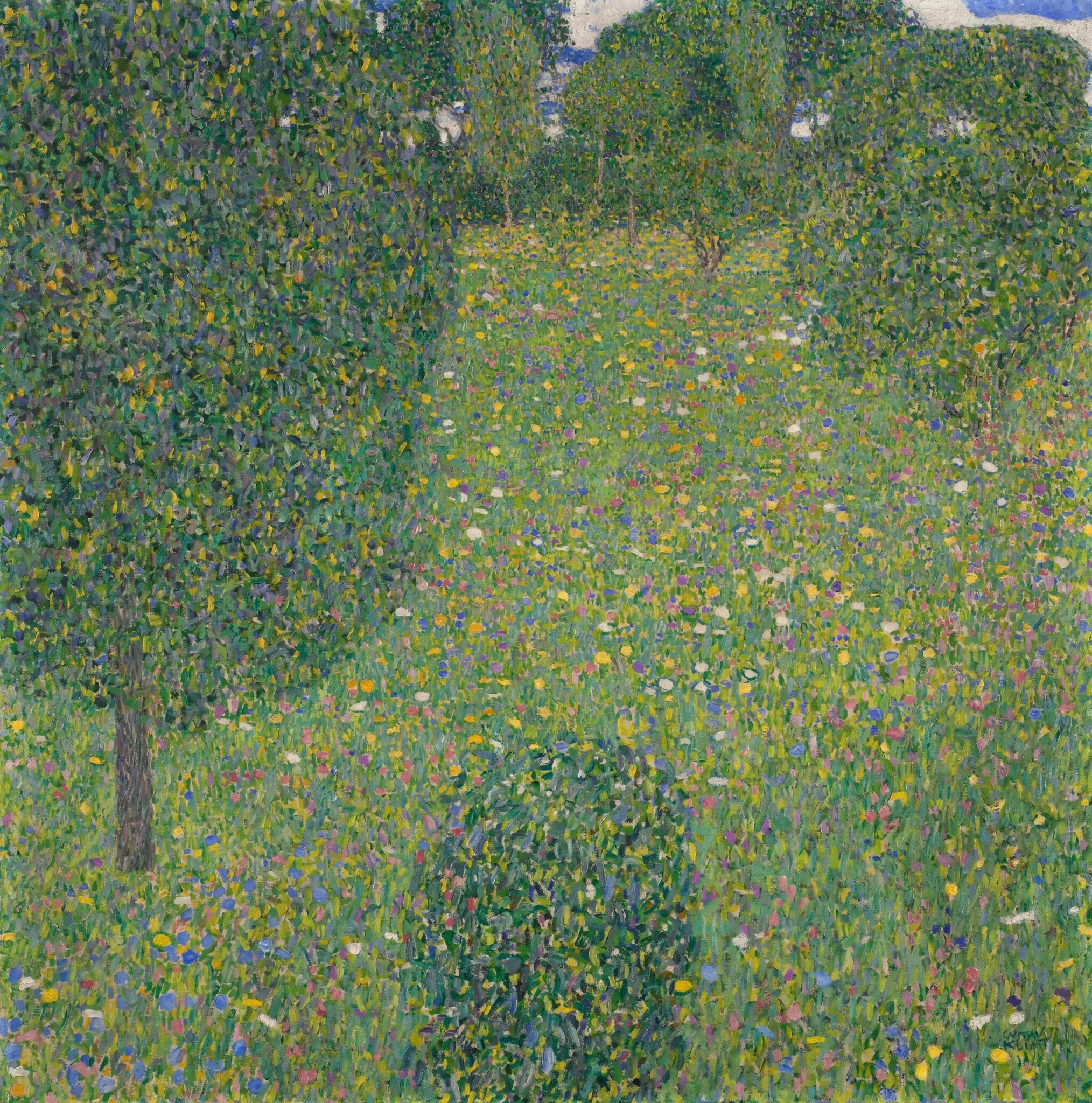 Gustav Klimt – Prato fiorito – un prato estivo pieno di piccoli fiori con alberi da frutto e una striscia di cielo – olio su tela