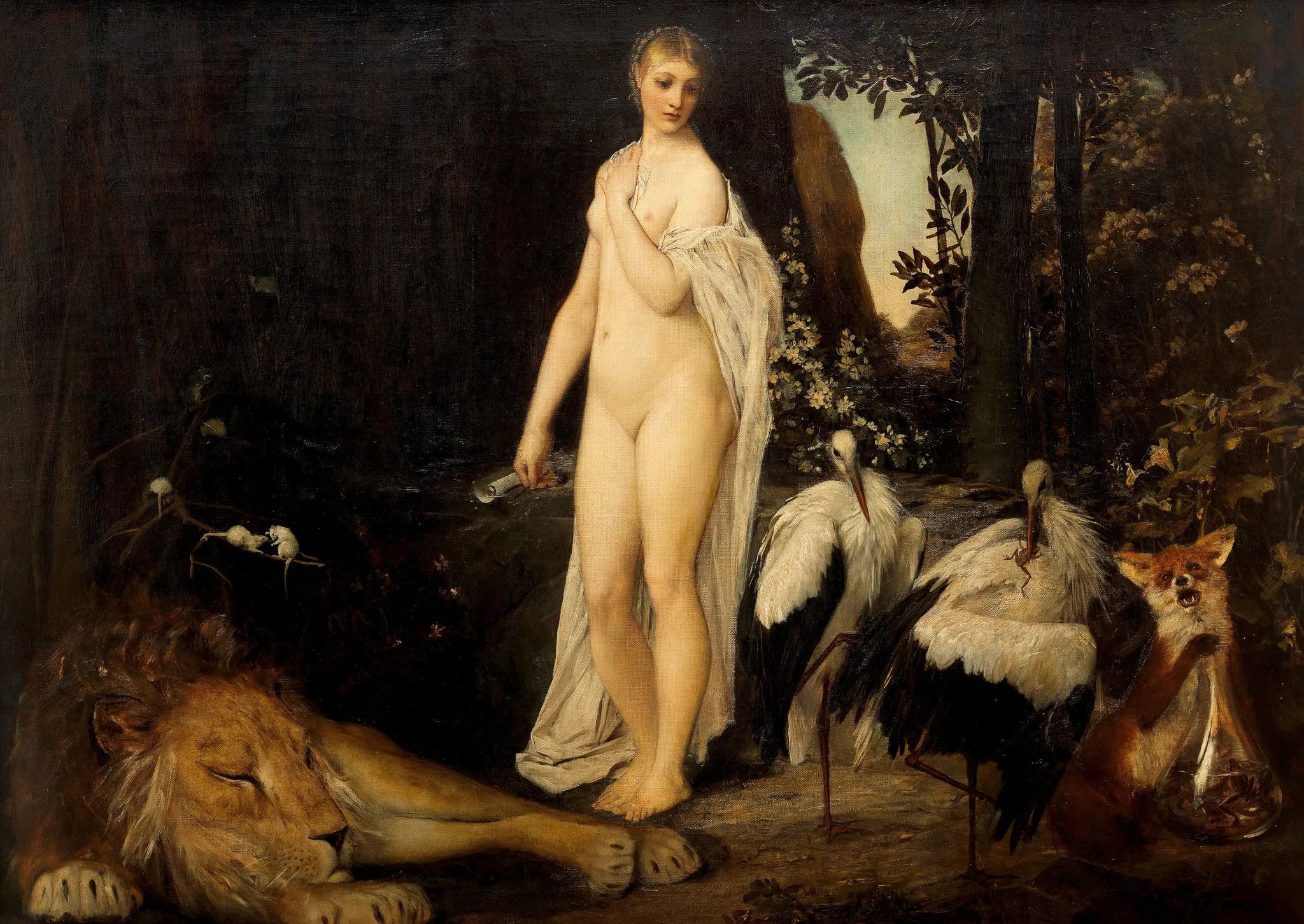 Gustav Klimt – Basen – izvirnik v muzeju Wien Museum, gola mlada ženska z zvitkom papirja v temnem gozdu, speči lev, dve štorklji in lisica – olje na platnu