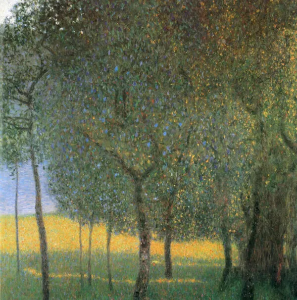 Gustav Klimt – Sadno drevje – izvirnik, vrsta vitkih sadnih dreves z zelenimi krošnjami pred sončnim rumenim poljem – olje na platnu