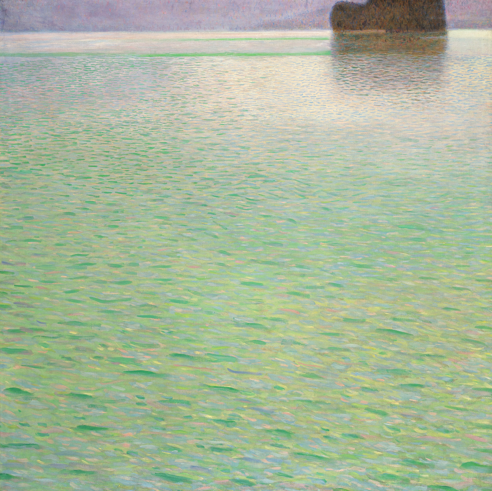 Gustav Klimt – Otok na jezeru Attersee – izvirnik, lesketajoča se turkizna gladina jezera s temnim gozdnatim otokom zgoraj desno – olje na platnu