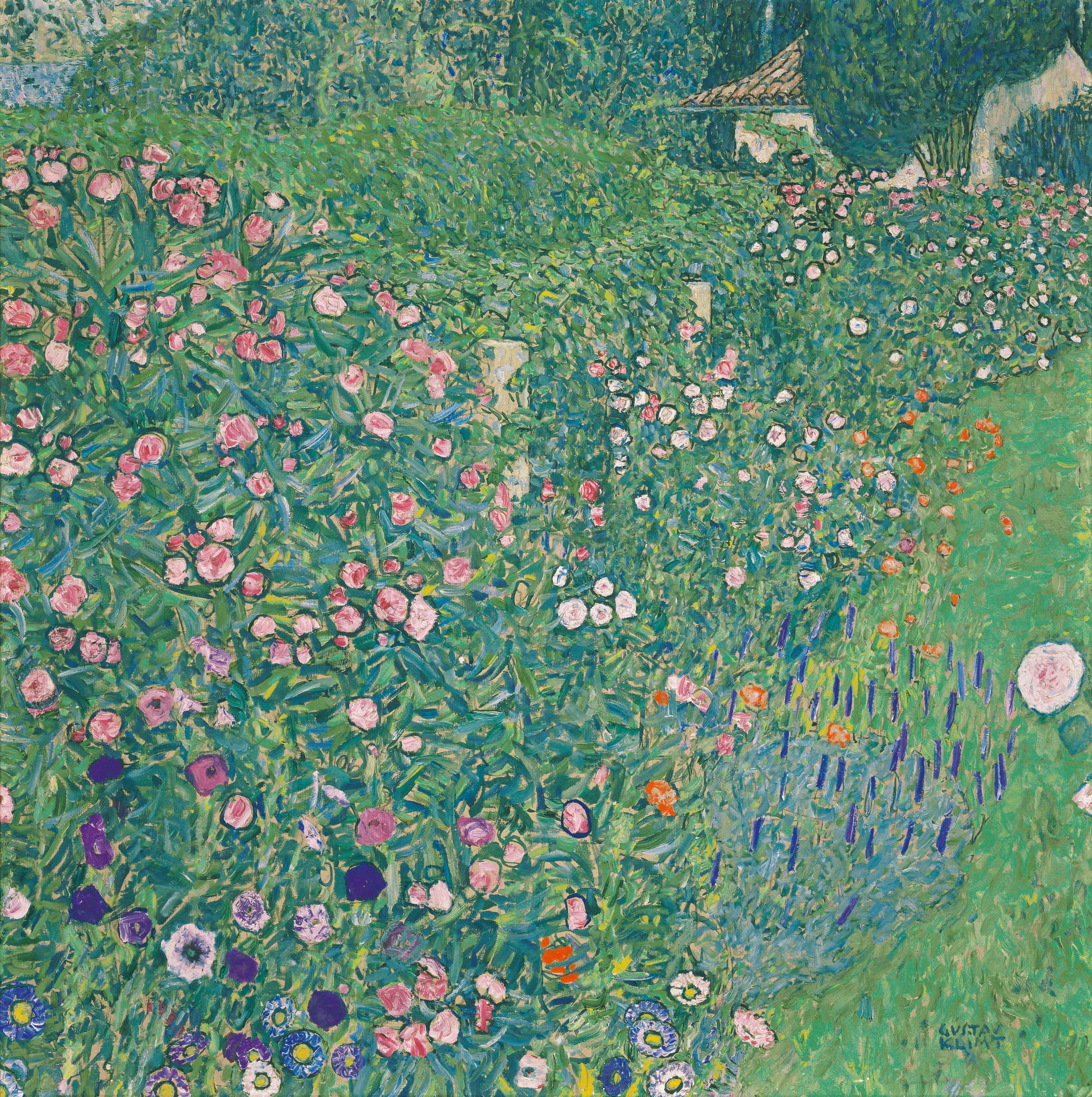 Gustav Klimt – Paesaggio di giardino italiano – l’originale al Kunsthaus Zug, un giardino di rose rosa e bianche sul Lago di Garda – olio su tela