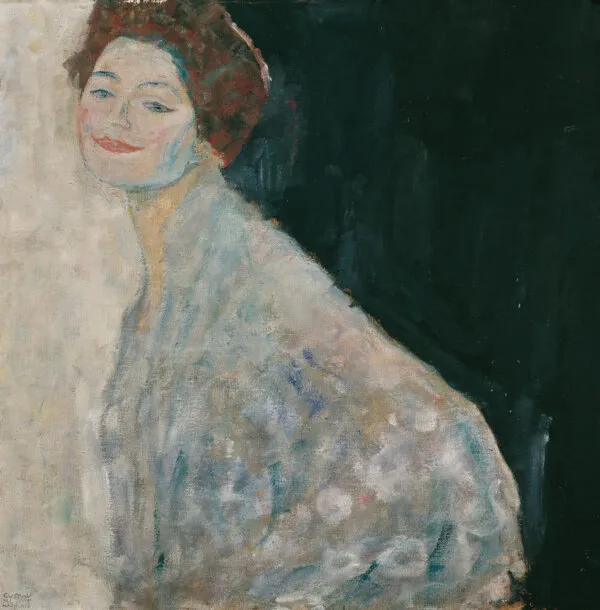 Gustav Klimt – Dama v belem – izvirnik iz Zgornjega Belvedera na Dunaju, nasmejana ženska v bledem belem in lila oblačilu pred temnim poljem – olje na platnu, nedokončano