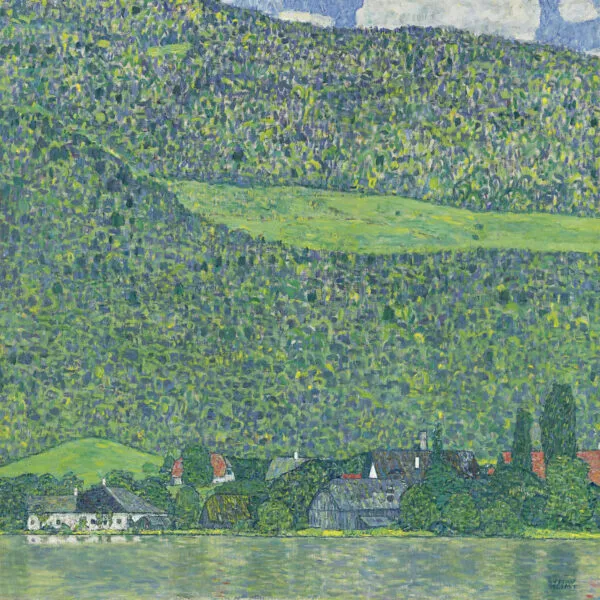 Gustav Klimt – Litzlberg ob Atterseeju – izvirnik, gozdnato pobočje s travnikom in vasjo z rdečimi strehami ob jezeru – olje na platnu