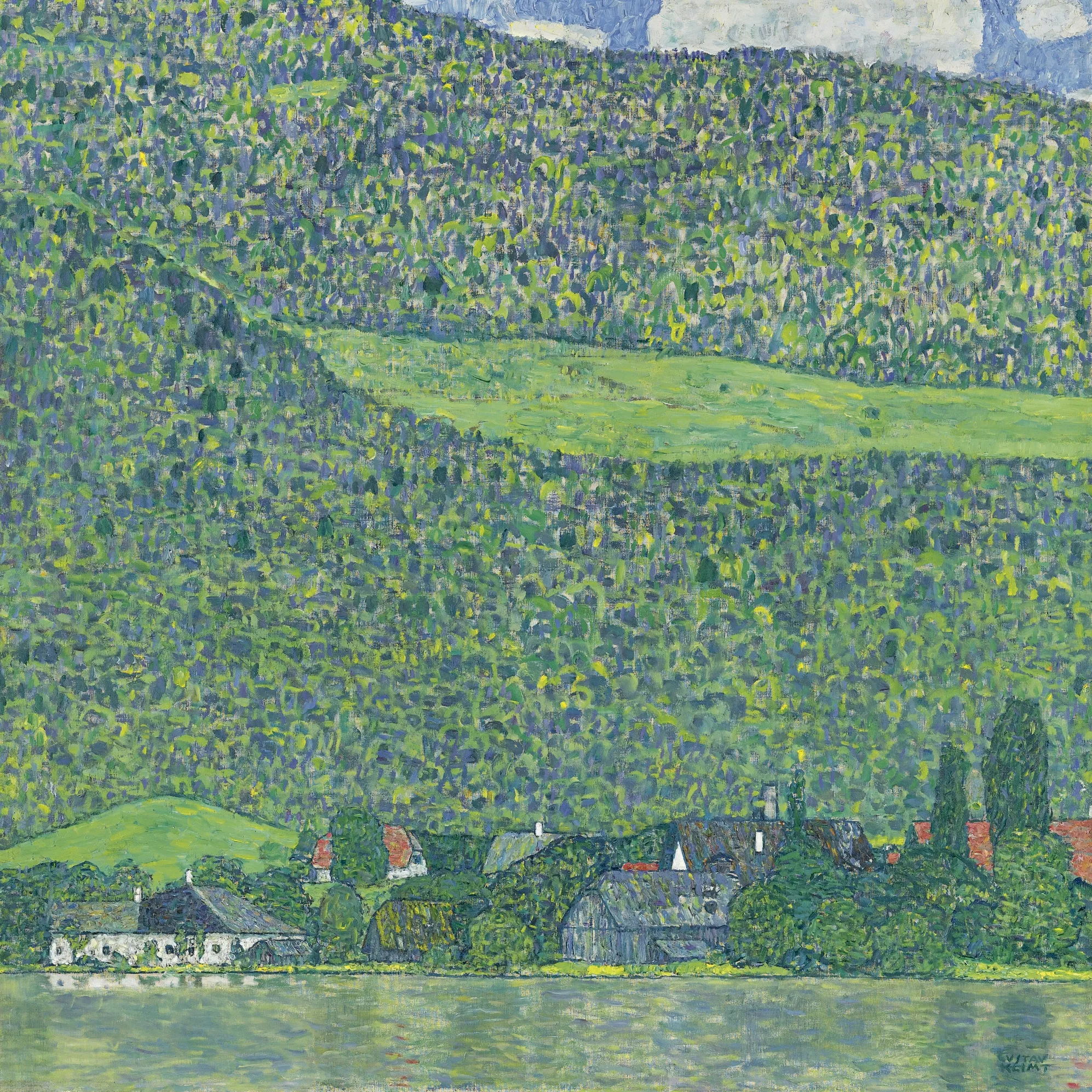Gustav Klimt – Litzlberg ob Atterseeju – izvirnik, gozdnato pobočje s travnikom in vasjo z rdečimi strehami ob jezeru – olje na platnu