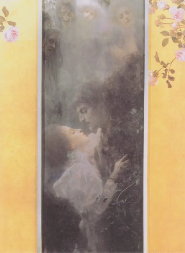 Gustav Klimt – Ljubezen – izvirnik iz Wien Museum, moški se sklanja k poljubu ženske v beli obleki med zlatima pasovoma z vrtnicami – olje na platnu