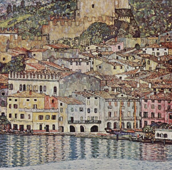Gustav Klimt – Malcesine ob Gardskem jezeru – mestece ob jezeru z grajskim stolpom in odsevi v vodi – olje na platnu