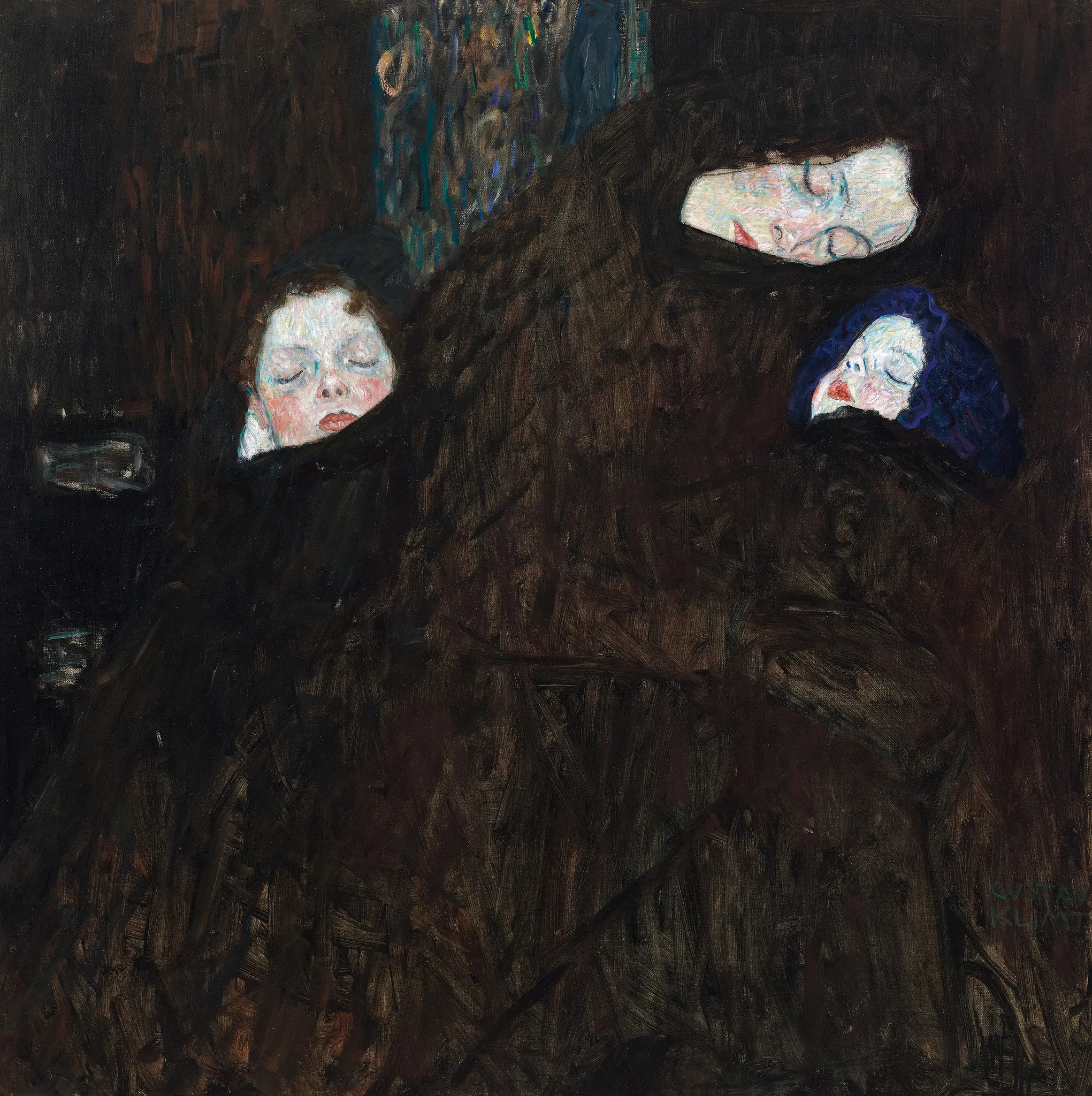 Gustav Klimt – Mati z dvema otrokoma – izvirnik v Belvederu na Dunaju, trije bledi speči obrazi nad temno odejo – olje na platnu