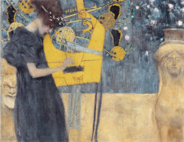 Gustav Klimt – Glasba I – ženska igra na zlato kitaro ob kamniti sfingi – olje in zlati bron na platnu