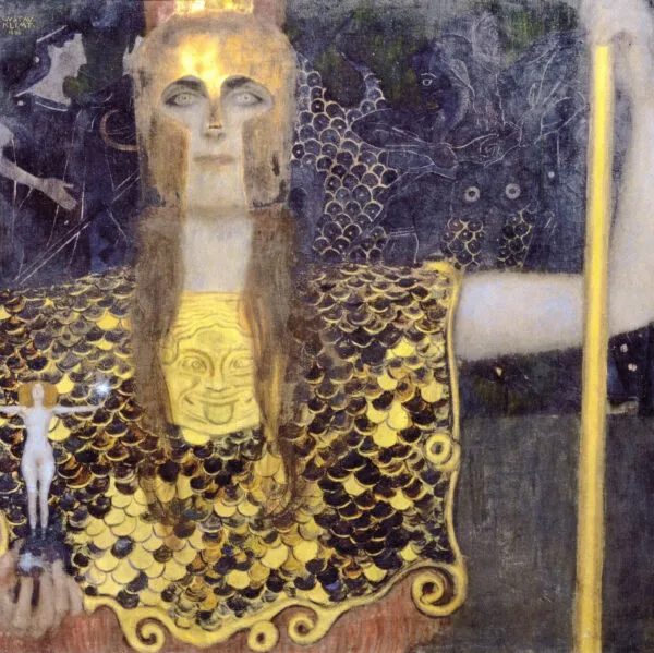 Gustav Klimt – Palas Atena – izvirnik v Wien Museum, boginja v zlati čeladi in oklepu z glavo Meduze – olje na platnu