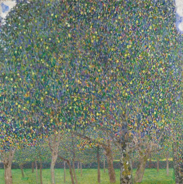 Gustav Klimt – Hruška – izvirnik v muzeju Busch-Reisinger na Harvardu, ogromna krošnja v zelenih, modrih in vijoličnih potezah nad vrsto debel in zelenim travnikom – olje in kazein na platnu