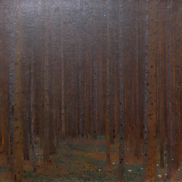 Gustav Klimt – Borov gozd I – izvirnik, visoka rdeče rjava debla čez kvadraten gozd z mahovitimi tlemi in belimi cvetovi – olje na platnu