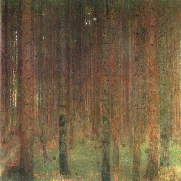 Gustav Klimt – Borov gozd II – izvirnik v zasebni zbirki, gosta temna borova debla z drobnimi lučkami svetlobe – olje na platnu