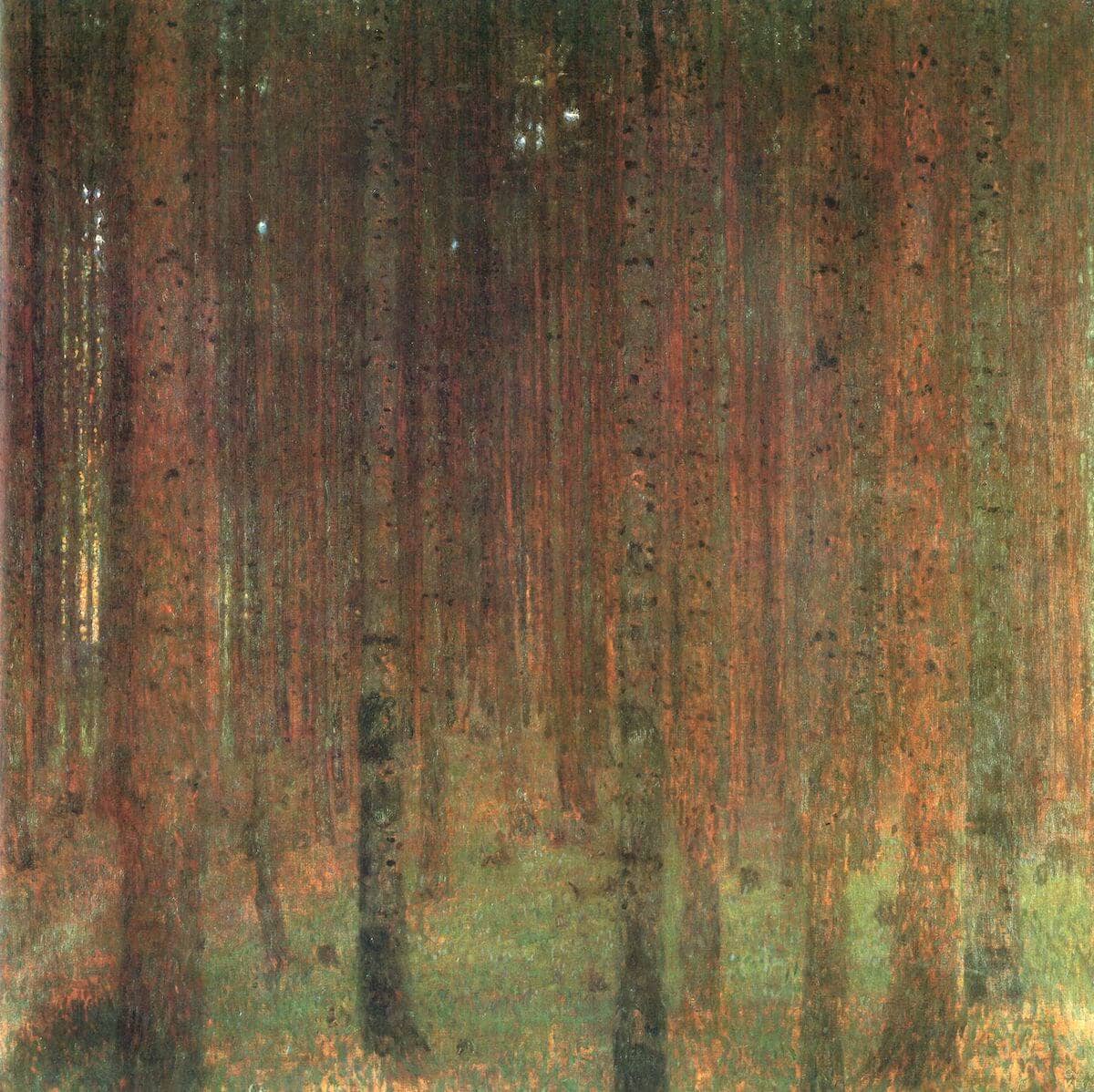 Gustav Klimt – Borov gozd II – izvirnik v zasebni zbirki, gosta temna borova debla z drobnimi lučkami svetlobe – olje na platnu