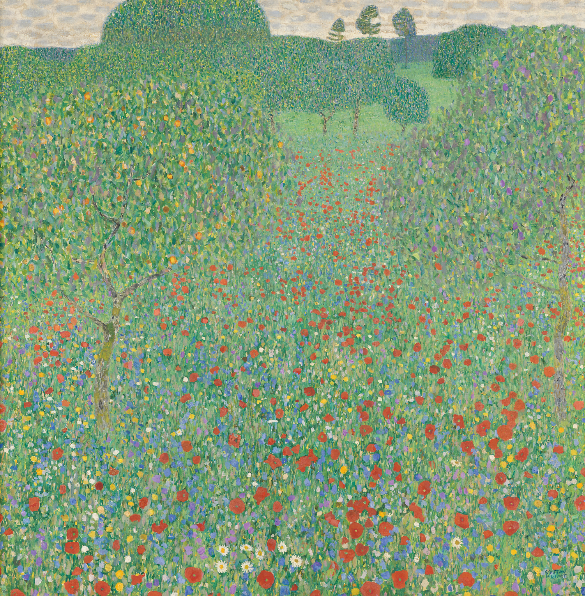 Gustav Klimt – Campo di papaveri – l’originale al Belvedere Superiore, un prato estivo con papaveri rossi e alberi sottili – olio su tela