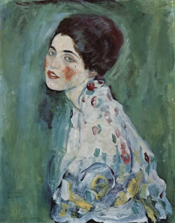 Gustav Klimt – Portret gospe (Ricci Oddi) – izvirnik v galeriji Ricci Oddi v Piacenzi, mlada ženska gleda čez ramo pred zelenim ozadjem – olje na platnu