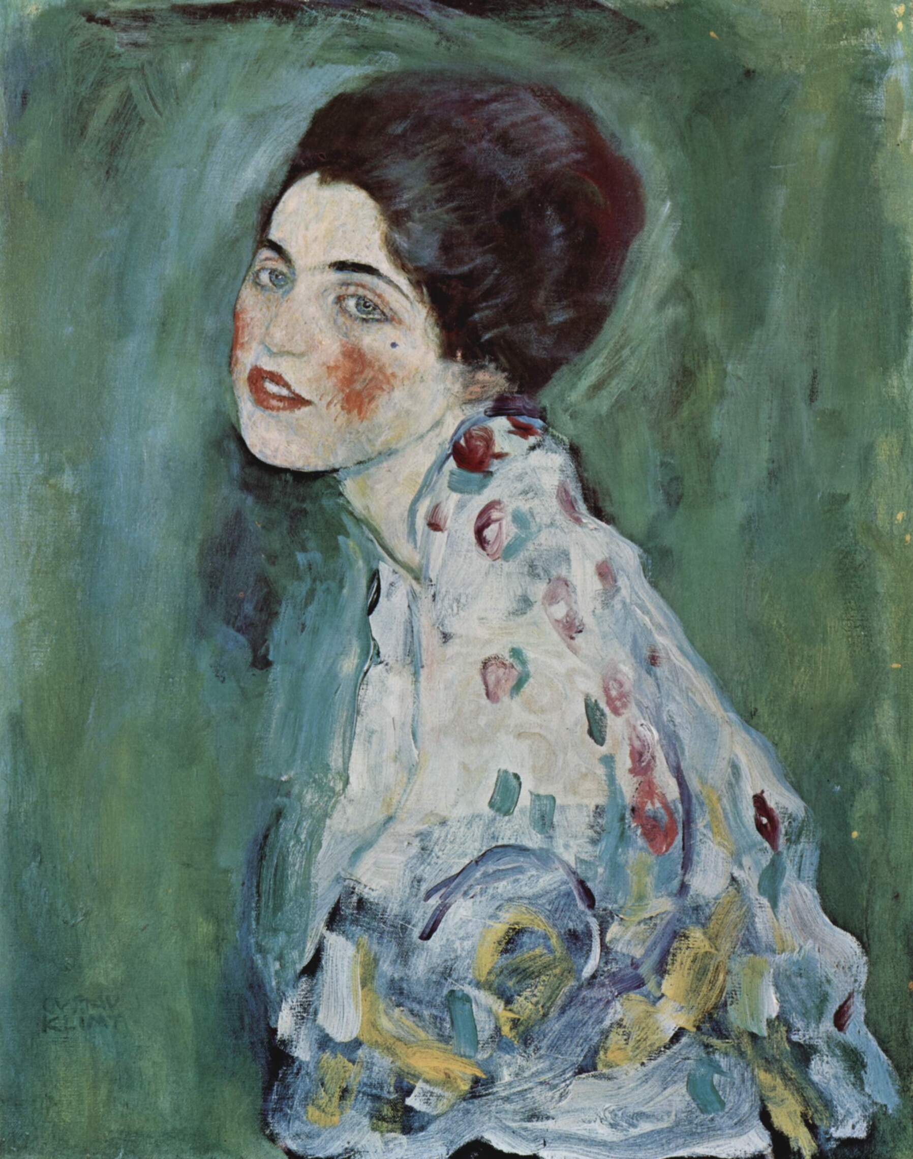 Gustav Klimt – Portret gospe (Ricci Oddi) – izvirnik v galeriji Ricci Oddi v Piacenzi, mlada ženska gleda čez ramo pred zelenim ozadjem – olje na platnu