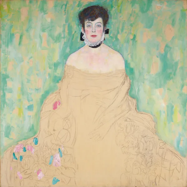 Gustav Klimt – Portret Amalie Zuckerkandl – nedokončan izvirnik iz Belvedera, sedeča ženska z belim ovratnikom, obleka v svinčnikovih črtah pred zelenim ozadjem – olje na platnu