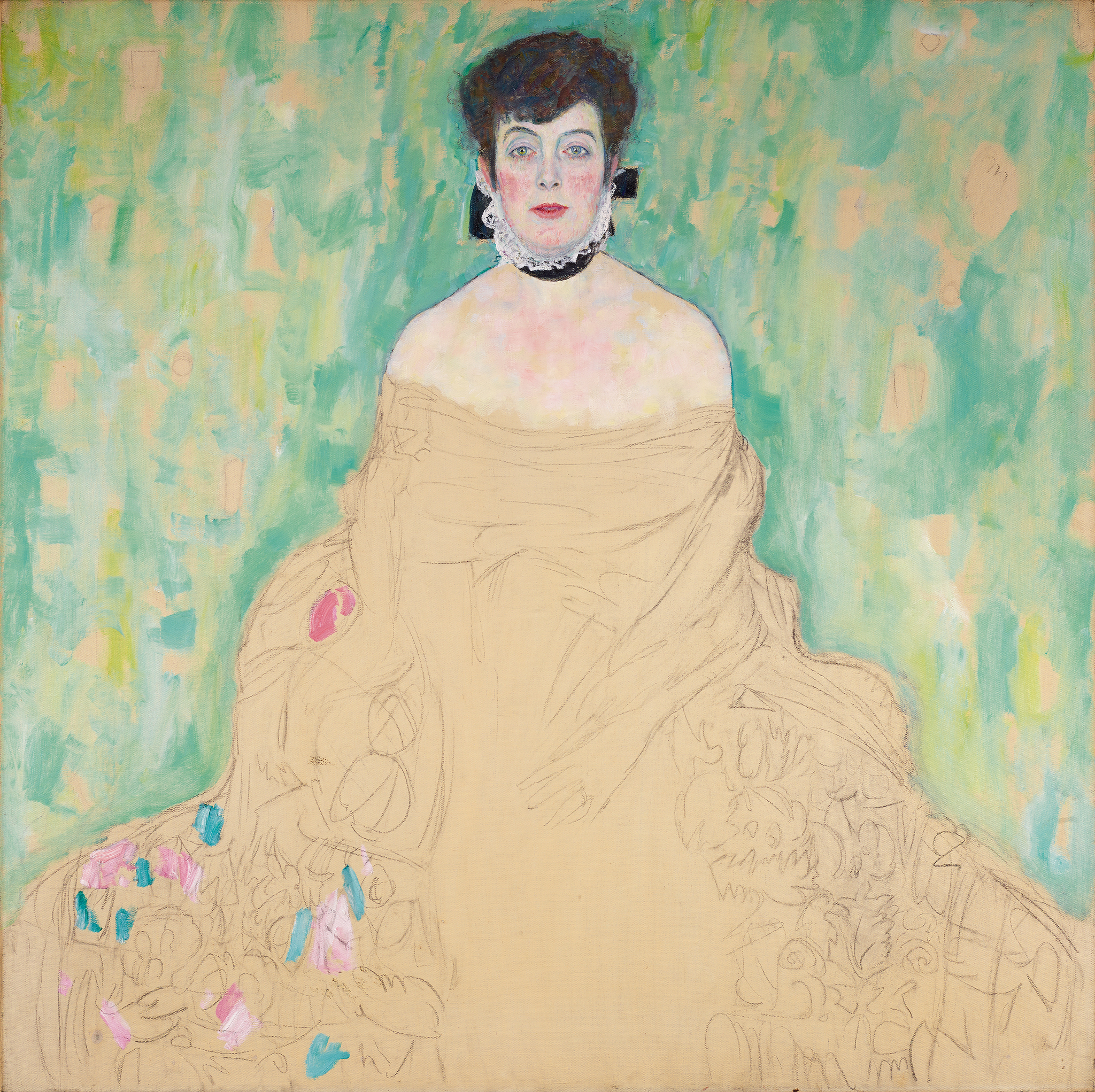 Gustav Klimt – Portret Amalie Zuckerkandl – nedovršeni original iz Belvedera, žena koja sjedi s bijelim ovratnikom, haljina u crtama olovke ispred zelene pozadine – ulje na platnu
