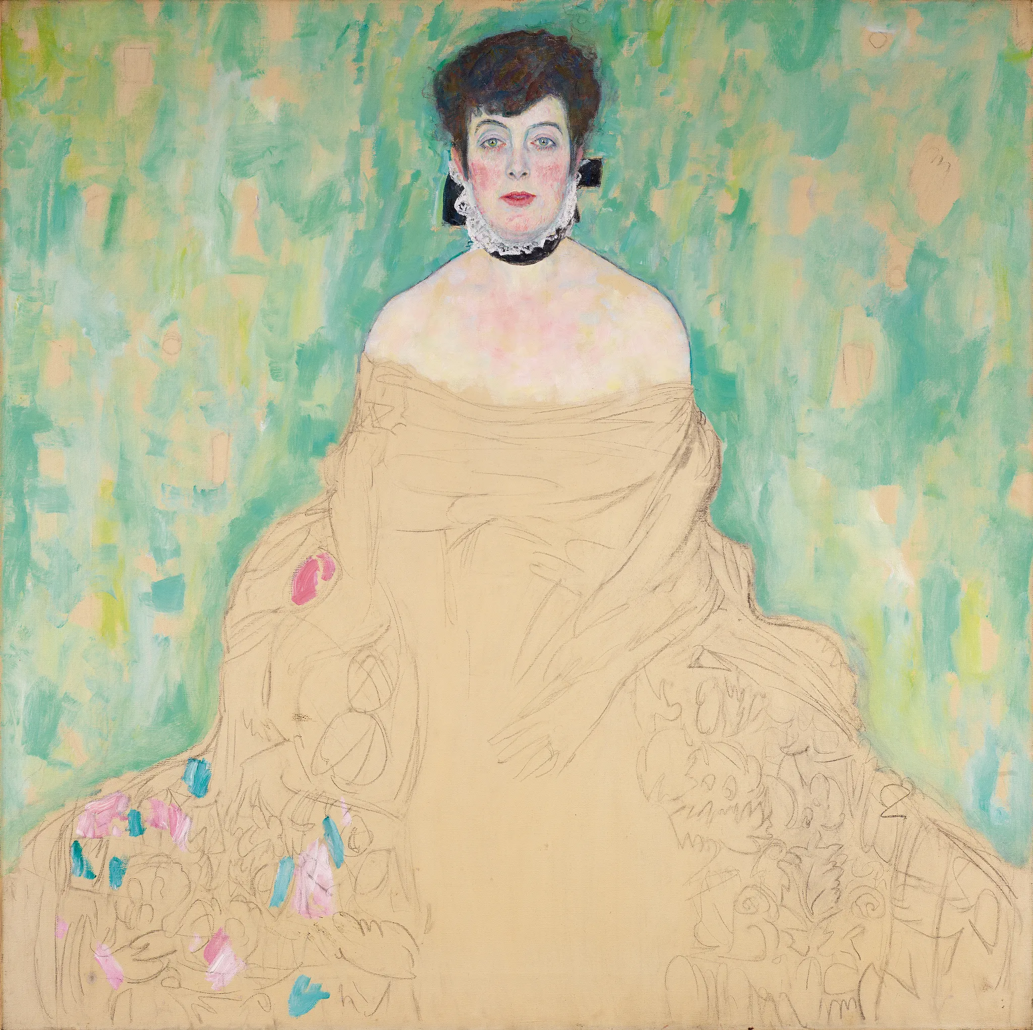 Gustav Klimt – Ritratto di Amalie Zuckerkandl – l’originale incompiuto del Belvedere, una donna seduta con la gorgiera bianca, l’abito in linee a matita su fondo verde – olio su tela