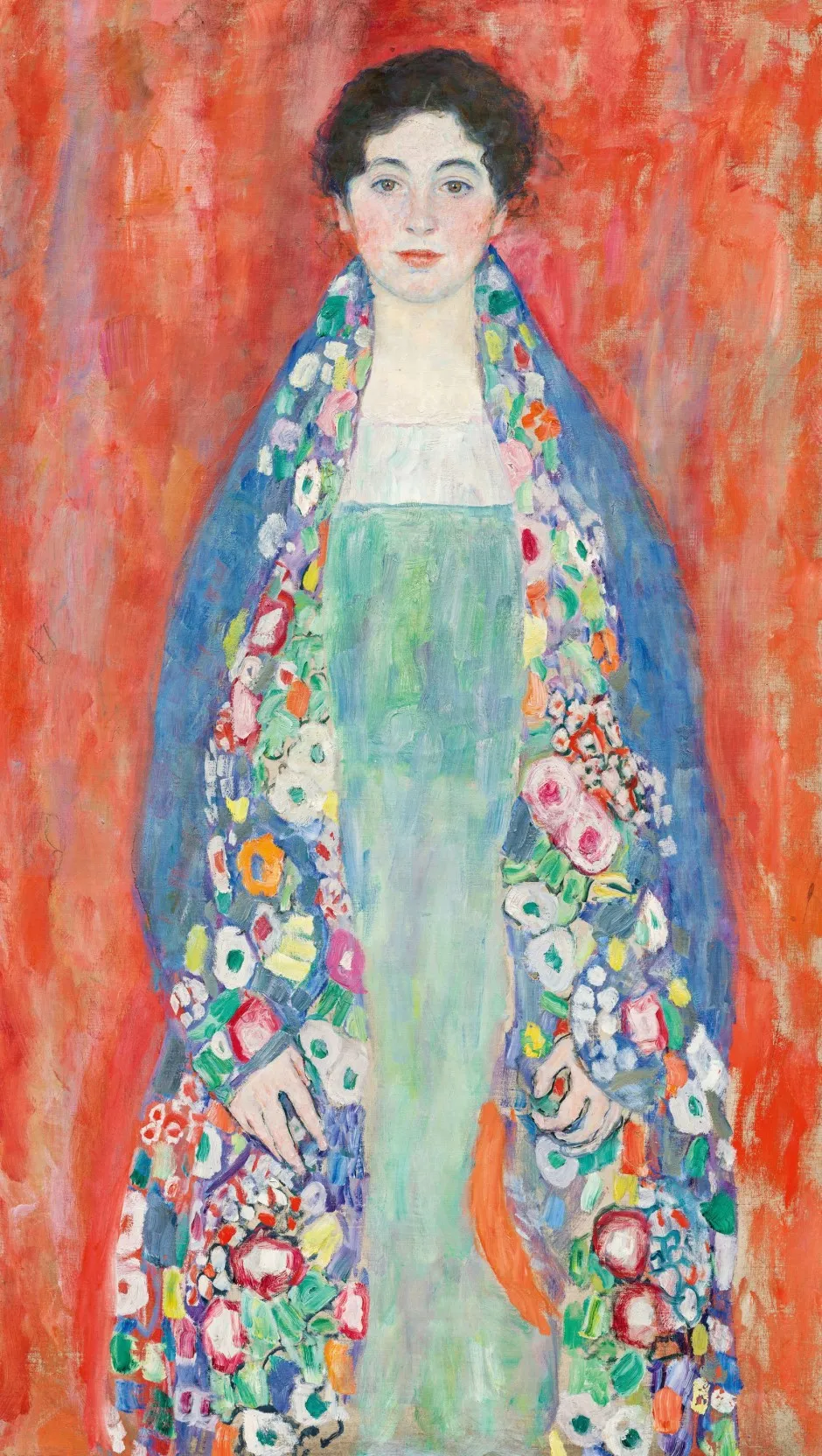 Gustav Klimt – Portret gospodične Lieser – izvirnik v zasebni zbirki, mlada ženska v turkizni obleki in plašču s cvetovi pred oranžno rdečim ozadjem – olje na platnu