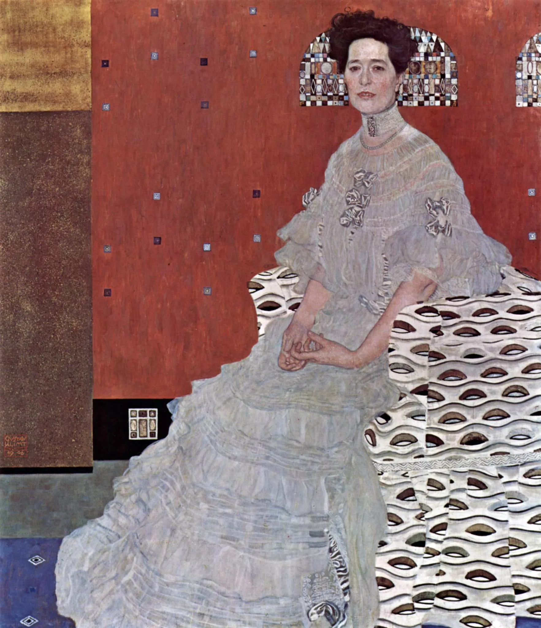 Gustav Klimt – Portret Fritze Riedler – izvirnik iz Zgornjega Belvedera na Dunaju, sedeča ženska v lila sivi obleki v naslanjaču z vzorcem oči – olje na platnu