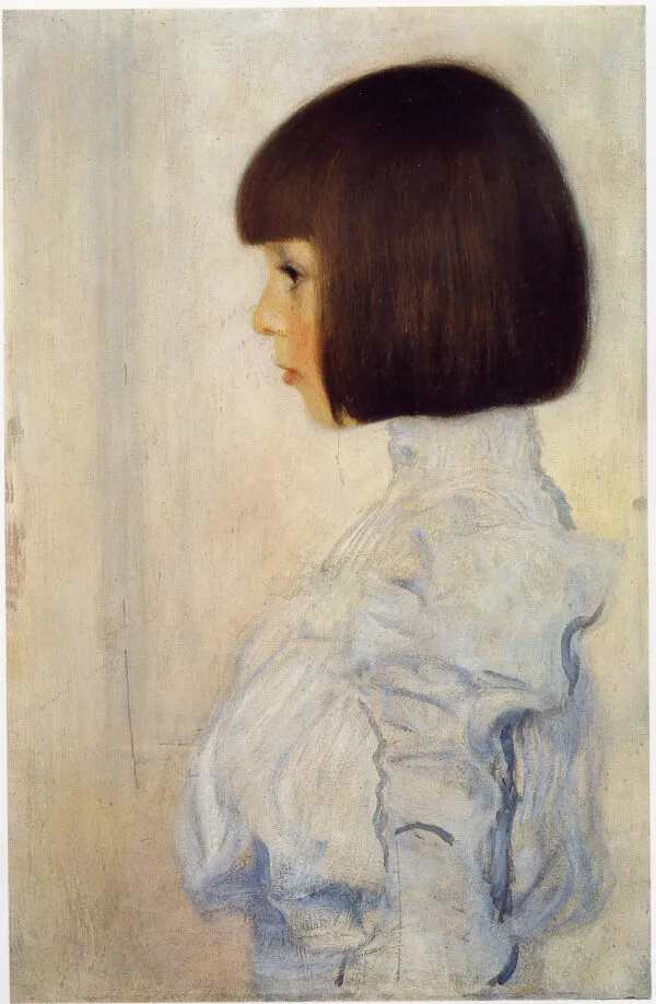 Gustav Klimt – Portret Helene Klimt – deklica v profilu s temno rjavimi lasmi in belo obleko na bledo kremnem ozadju – olje na kartonu