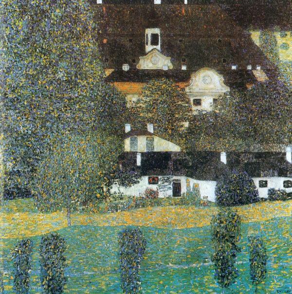 Gustav Klimt – Grad Kammer ob Atterseeju II – izvirnik, grad s kopenske strani s temno streho, belima zatrepoma, visokim drevesom in travnikom z mladimi drevesi – olje na platnu