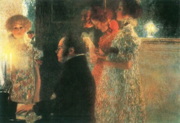 Gustav Klimt – Schubert za klavirjem – barvna reprodukcija izgubljenega izvirnika, Schubert ob svečah med poslušalkami – olje na platnu