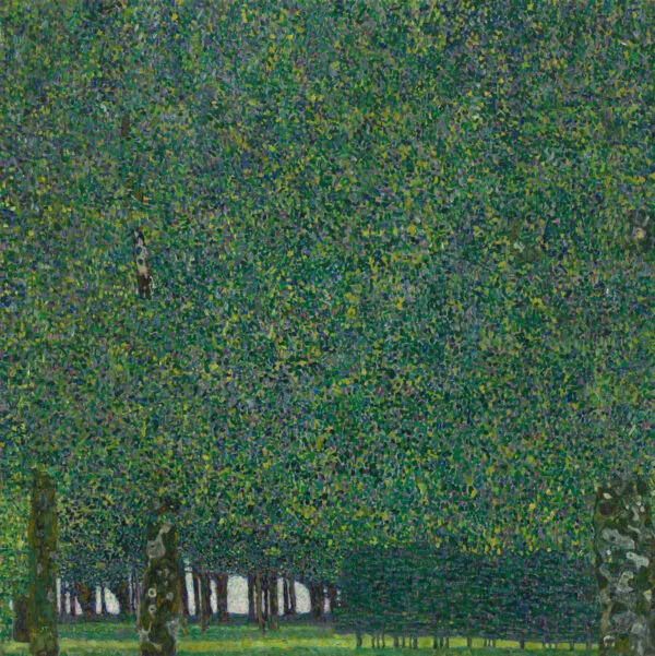 Gustav Klimt – Park – izvirnik v Muzeju moderne umetnosti v New Yorku, gosta stena zelenih krošenj nad ozkim pasom debel in trate – olje na platnu