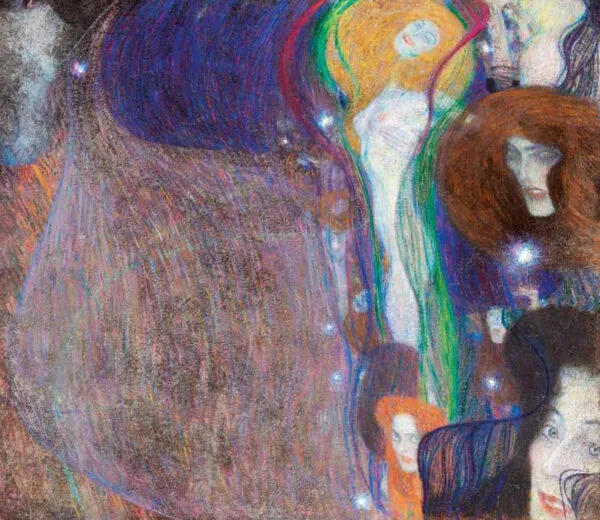 Gustav Klimt – Blodne lučke – izvirnik, blede lebdeče ženske z rdečimi in zlatimi lasmi v vrtincu vijolične in modre z iskrami svetlobe – olje na lepenki