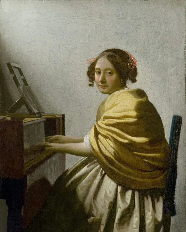 Johannes Vermeer – Junge Frau am Virginal sitzend – das Original von um 1670–1672 in der Leiden Collection, New York – Öl auf Leinwand