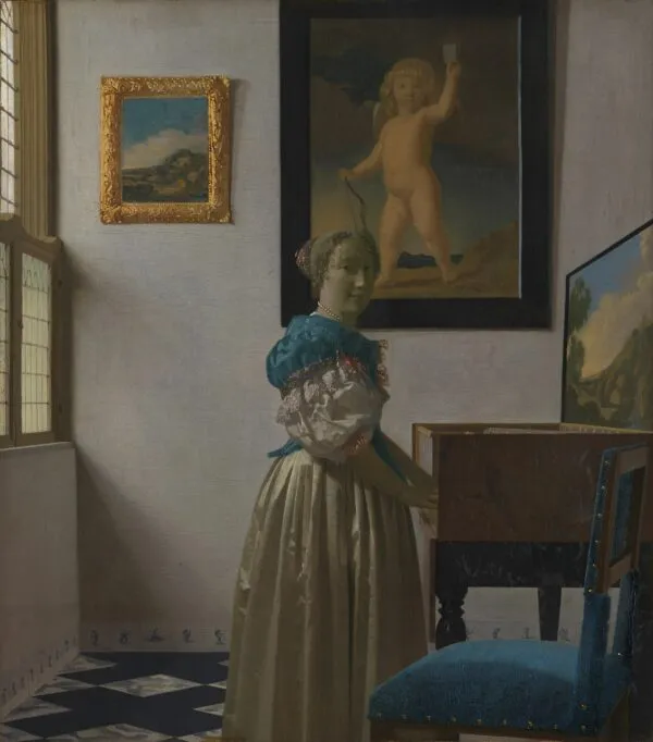 Johannes Vermeer – Stehende Virginalspielerin – das Original von um 1670–1672 in der National Gallery, London – Öl auf Leinwand