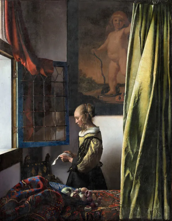 Johannes Vermeer – Brieflesendes Mädchen am offenen Fenster – das Original von um 1657–1659 in der Gemäldegalerie Alte Meister Dresden – Öl auf Leinwand