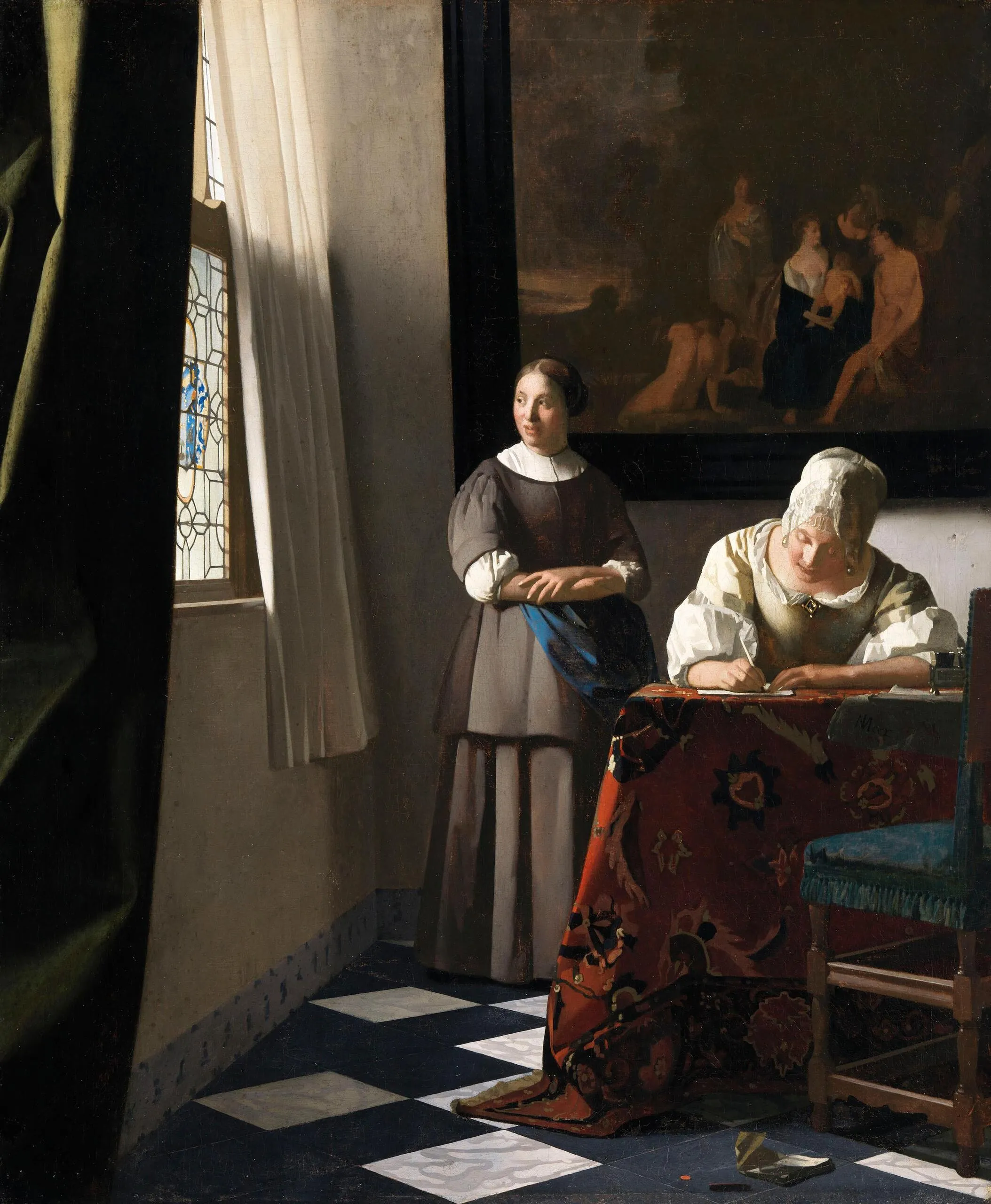 Johannes Vermeer – Donna che scrive una lettera con la domestica – l’originale del 1670–1671 alla National Gallery of Ireland di Dublino – olio su tela