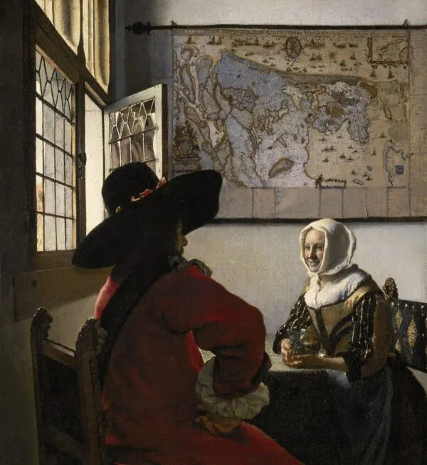 Johannes Vermeer – Der Soldat und das lachende Mädchen – das Original von um 1657 in der Frick Collection, New York – Öl auf Leinwand